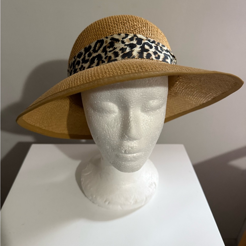 Straw Sun Hat with Leopard Scarf Accent - Natural